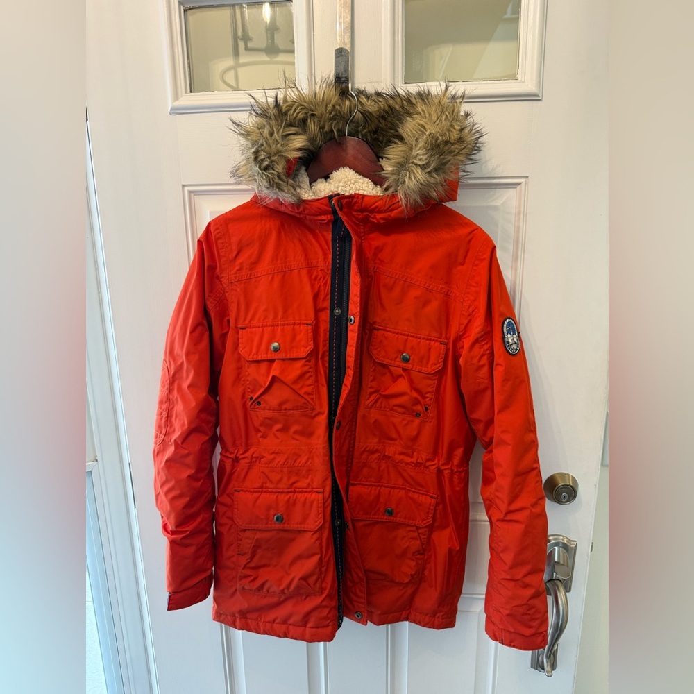 Lands' End Red Men's Ski Parka with Faux Fur Trim